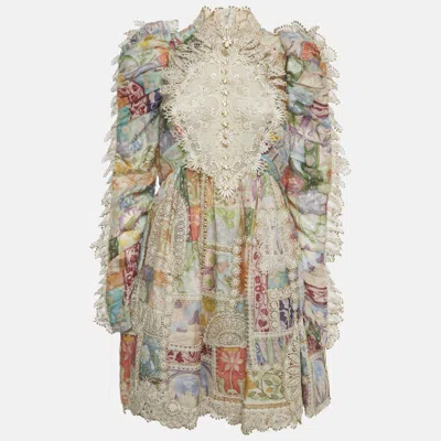 Pre-owned Zimmermann Multicolor Printed Linen And Silk Lace Trim Detail Short Dress L