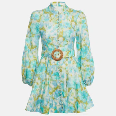 Pre-owned Zimmermann Multicolor Printed Linen Belted Mini Dress Xs