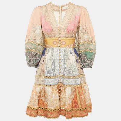 Pre-owned Zimmermann Multicolor Printed Linen Lace Trimmed Mini Dress S