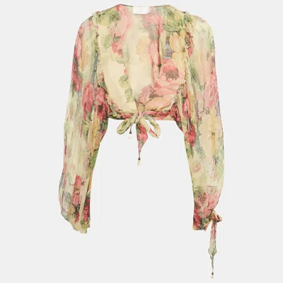 Pre-owned Zimmermann Multicolor Printed Silk Ruffled Wrap On Crop Top M