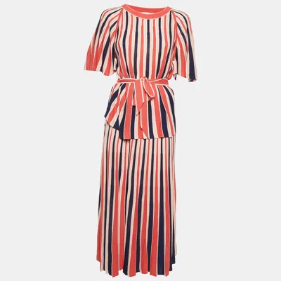 Pre-owned Zimmermann Multicolor Striped Knit Belted Top & Midi Skirt L