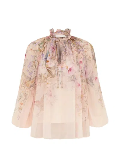 Zimmermann Multicolor Tiered Neck Tie Blouse With Frill Collar And Cami