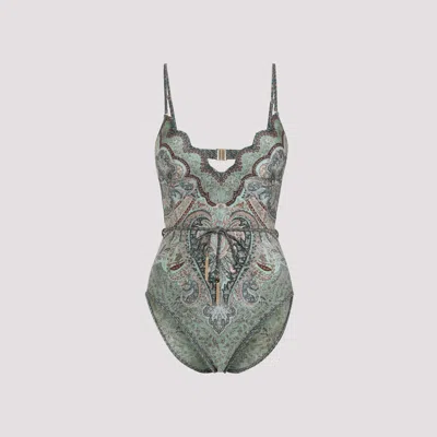Zimmermann Wanderlust Belted Embellished Scalloped Printed Swimsuit In Green