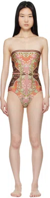 Zimmermann Multicolor Wylie Belted Bandeau Swimsuit In Rumut Rust Multi