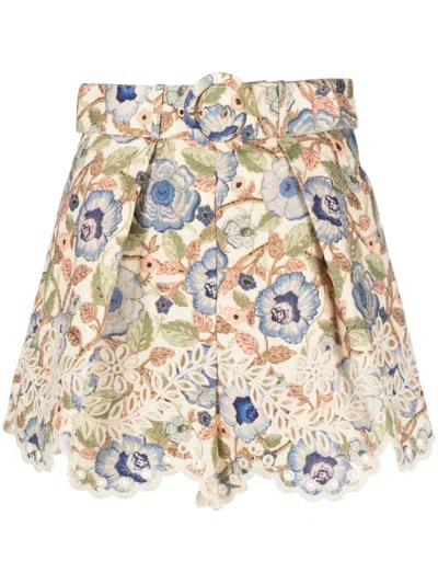 ZIMMERMANN MULTICOLOUR FLORAL EMBROIDERED LINEN SHORTS IN HIGH-WAISTED STYLE