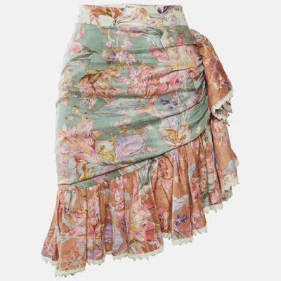 Pre-owned Zimmermann Multicolour Floral Print Linen Cira Wrapped Mini Skirt S In Multicolor
