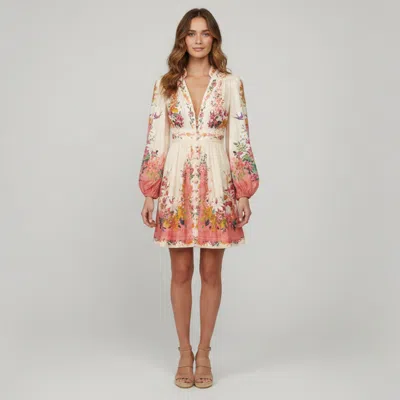 Pre-owned Zimmermann Multicolour Floral Print Linen Tropicana Plunge Mini Dress S In Multicolor