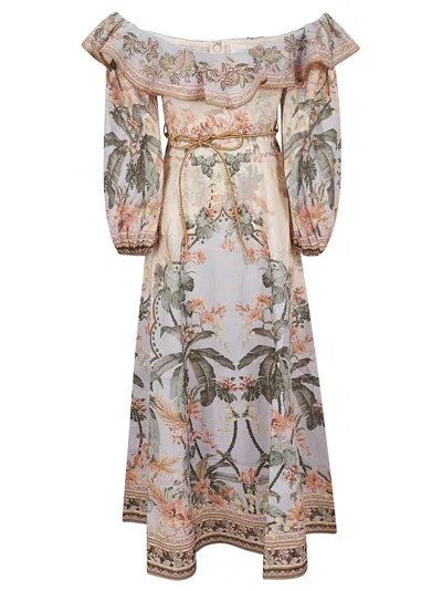 ZIMMERMANN MULTICOLOURED WYLIE OFF-SHOULDER MIDI DRESS