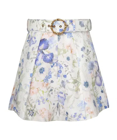 Zimmermann Natura Belted Pleated Floral-print Linen Shorts In Blue Garden Print