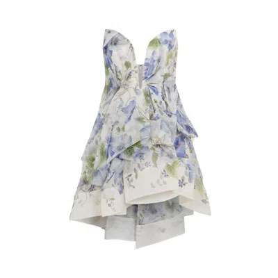 Zimmermann Natura Draped Blue Floral Linen Silk Mini Dress In White