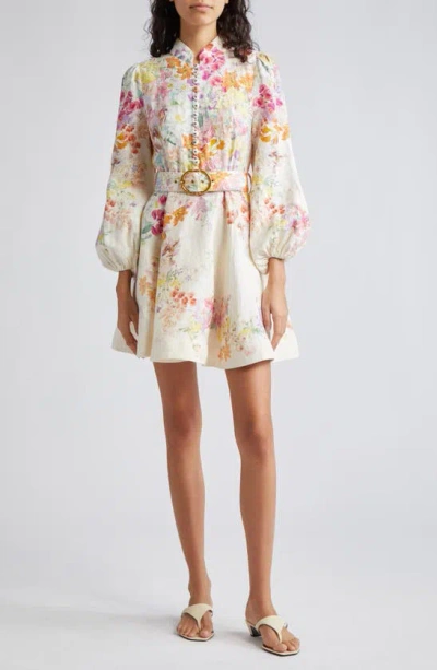 ZIMMERMANN NATURA FLORAL BELTED LINEN MINIDRESS