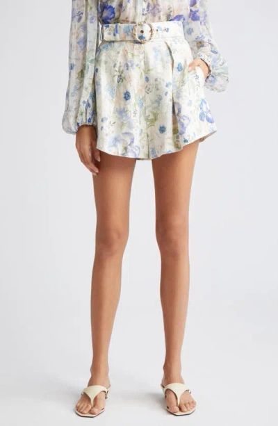 Zimmermann Natura Belted Pleated Floral-print Linen Shorts In Blue Garden Print