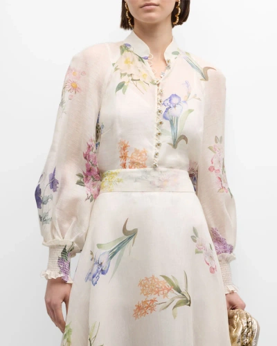 Zimmermann Natura Floral-print Linen And Silk-blend Blouse In White,multi