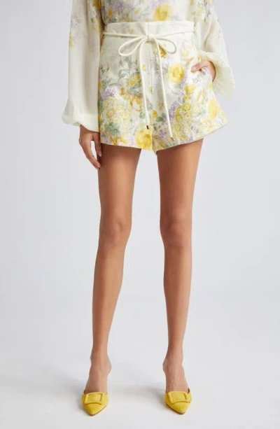 ZIMMERMANN NATURA FLORAL HIGH WAIST BELTED LINEN SHORTS