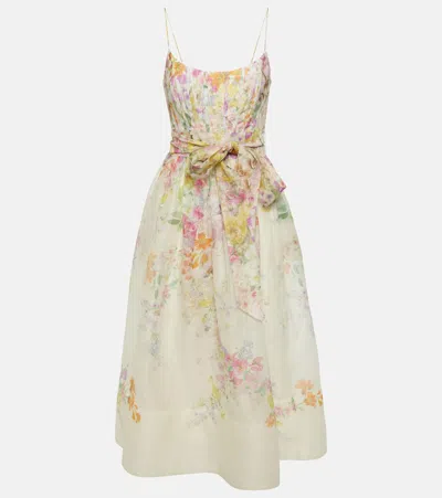 ZIMMERMANN NATURA FLORAL LINEN AND SILK MIDI DRESS