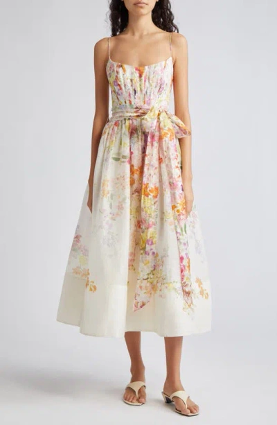 Zimmermann Natura Floral Linen & Silk Organza Corset Midi Dress In Kaleidoscope Garden