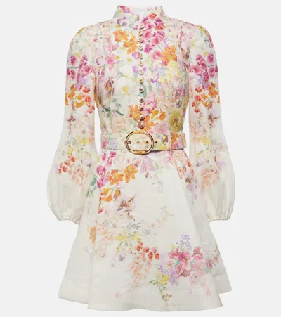 Zimmermann Bonita Floral-print Broderie Anglaise Belted Mini Dress In Multicolor Linen