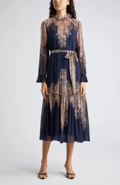 ZIMMERMANN ZIMMERMANN NATURA FLORAL PAISLEY BELTED LONG SLEEVE MIDI DRESS