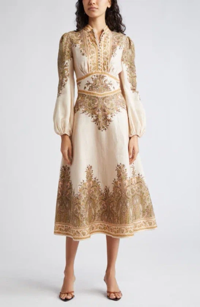 Zimmermann Natura Floral Paisley Long Sleeve Linen Midi Dress In Khaki Paisley