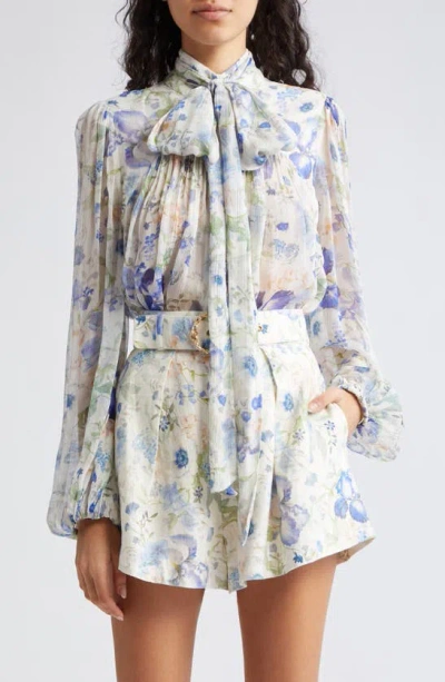 Zimmermann Natura Floral Print Tie Neck Shirt In Blue Garden Print