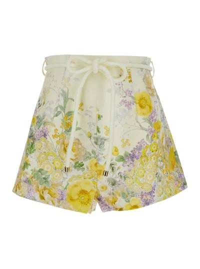 ZIMMERMANN YELLOW BERMUDA SHORTS WITH FLORAL PRINT IN LINEN WOMAN