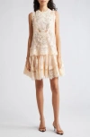 ZIMMERMANN NATURA LAYERED FLORAL LACE LINEN & SILK MINIDRESS