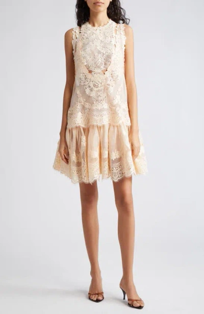 Zimmermann Natura Guipure Lace-trimmed Linen And Silk-blend Mini Dress In Peach