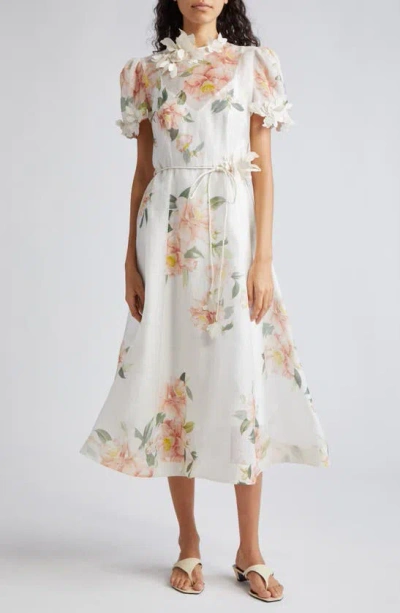 Zimmermann Natura Floral-print Organza Midi Dress In Cream