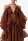 Zimmermann Cold-shoulder Draped Silk-organza Top In Brown