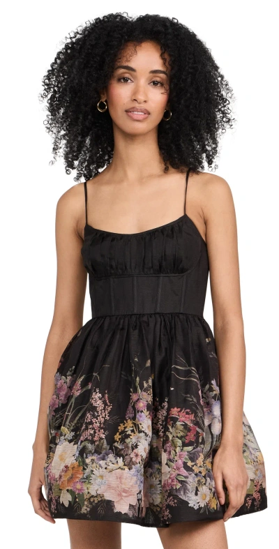 Zimmermann Floral-print Linen And Silk-blend Mini Dress In Black