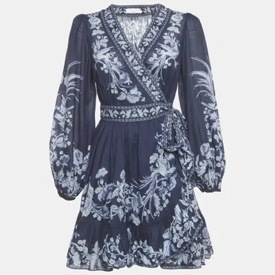 Pre-owned Zimmermann Navy Blue Floral Print Cotton Aliane Frill Wrap Mini Dress M