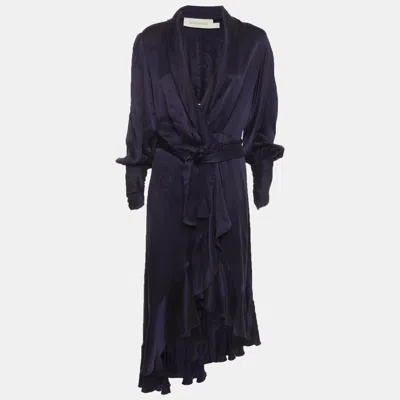 Pre-owned Zimmermann Navy Blue Satin Asymmetric Midi Wrap Dress M