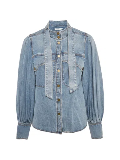 Pre-owned Zimmermann Neck Tie-up Denim Blouse In Blue