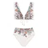 Zimmermann Rhiannon Wide Shoulder Bikini Set In Cream Multi Paisley