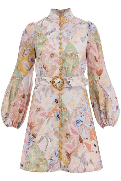 Zimmermann Illustration Linen Mini Dress W/ Belt In Multi Floral Diamond