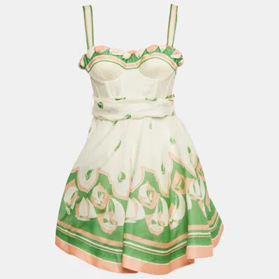 Pre-owned Zimmermann Off -white Printed Linen Blend High Tide Mini Dress Xs