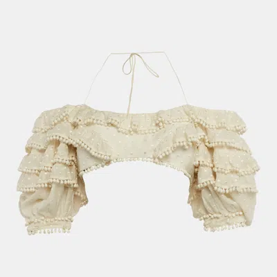 Pre-owned Zimmermann Off White Cotton Blend Ruffled Off Shoulder Crop Top M