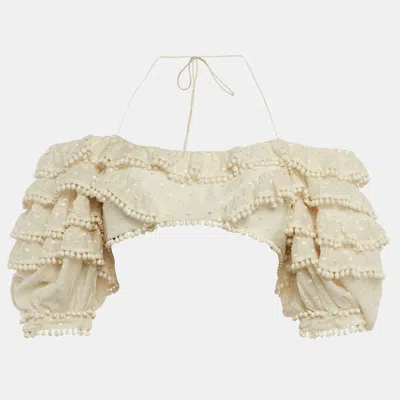 Pre-owned Zimmermann Off White Cotton Blend Ruffled Off Shoulder Crop Top M