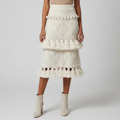 Pre-owned Zimmermann Off White Crocheted Knit Tiered Tasseled Midi Skirt S