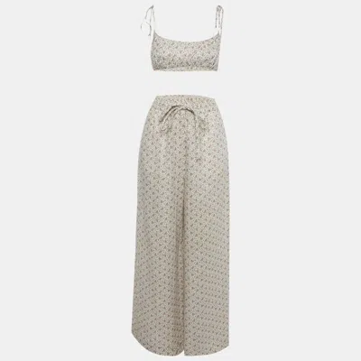 Pre-owned Zimmermann Off White Floral Print Linen Crop Top & Pants Set M
