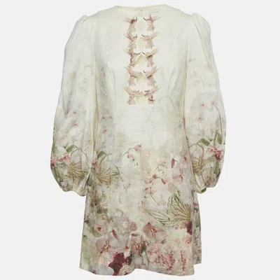 Pre-owned Zimmermann Off-white Floral Print Linen Hummingbird Mini Dress M