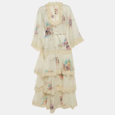 Pre-owned Zimmermann Off-white Floral Print Ramie Tiered Midi Dress L
