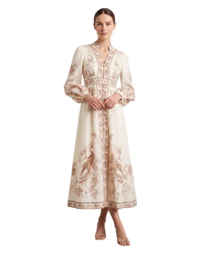 Zimmermann Off White Floral V Neck Midi Dress In Brown