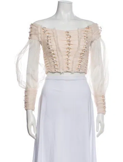 Pre-owned Zimmermann Off-the-shoulder Three-quarter Sleeve Crop Top In Neutral