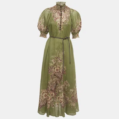 Pre-owned Zimmermann Olive Green Floral Print Linen High Neck Maxi Dress S