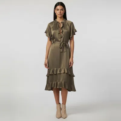 Pre-owned Zimmermann Olive Green Satin Flutter Smock Midi Dress S
