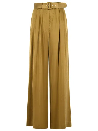 Zimmermann Olive Green Tuck High-waisted Silk Wide-leg Pants