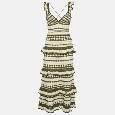 Pre-owned Zimmermann Olive Green/cream Crochet Devi Ruffled Midi Dress S