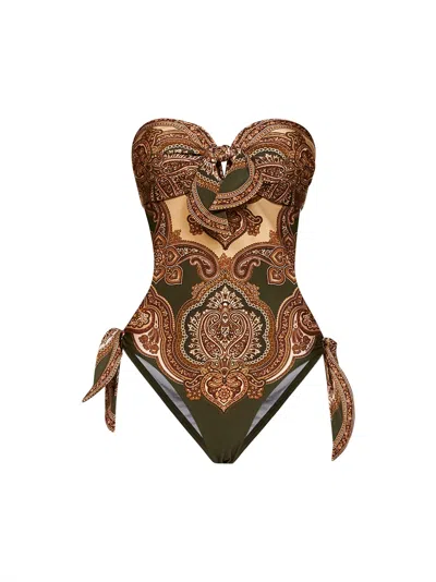 Zimmermann Olive Paisley-print Lycra Mahon One-piece Swimsuit In Brown