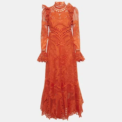 Pre-owned Zimmermann Orange Broderie Anglaise Silk Brightside Palm Gown M